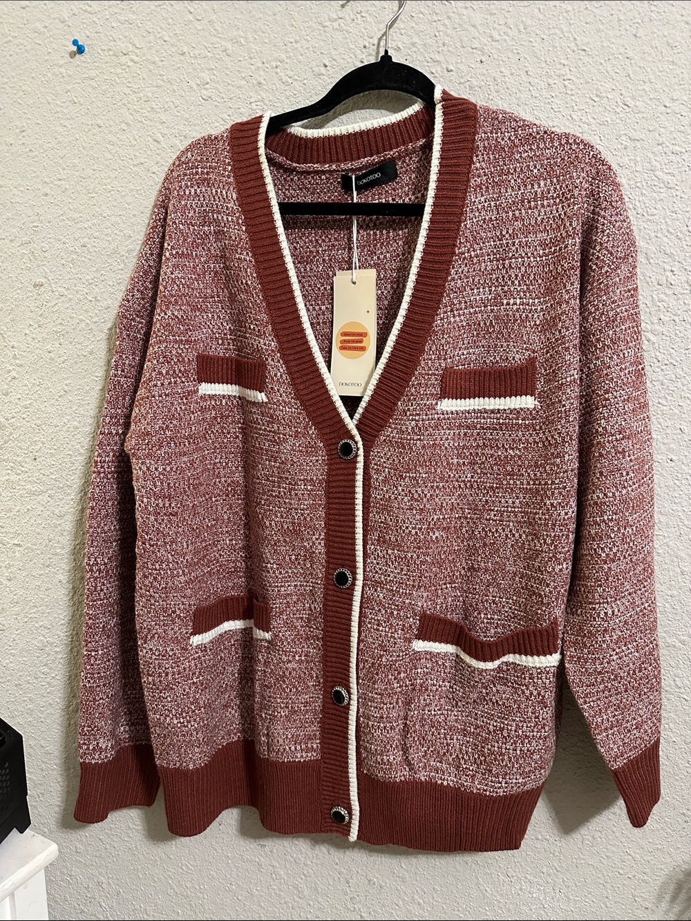 Chunky Rust-Burgundy Marled Cardigan with White Trim